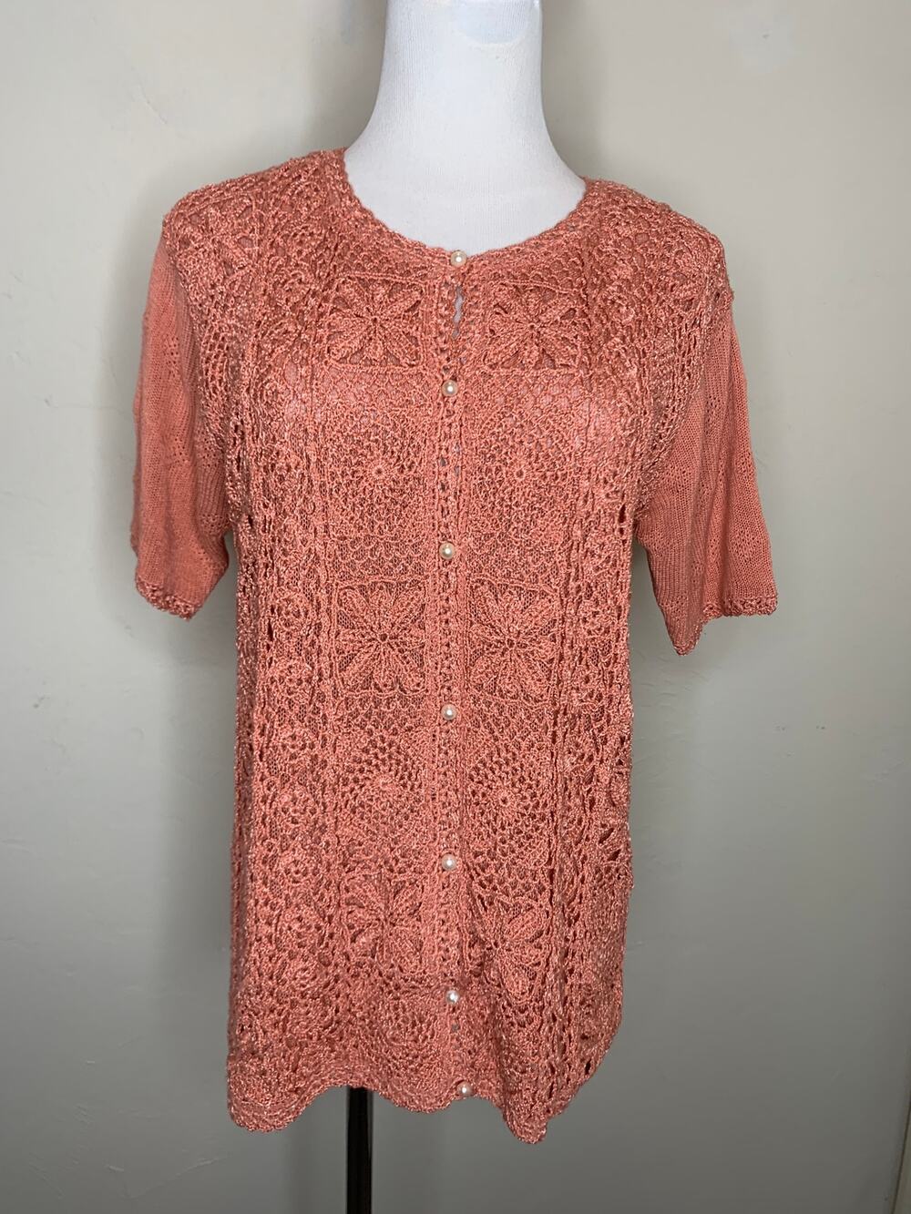 Deep Coral Crochet Cardigan Sweater Size Medium Cottage Casual